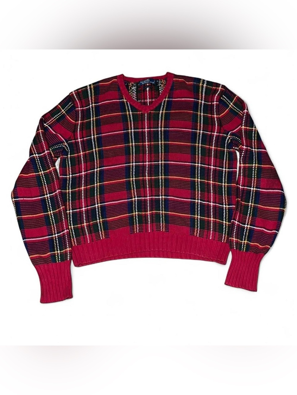 Vintage Polo Ralph Lauren Plaid Knit V-Neck Golf Tennis Tartan 1990s Sweater